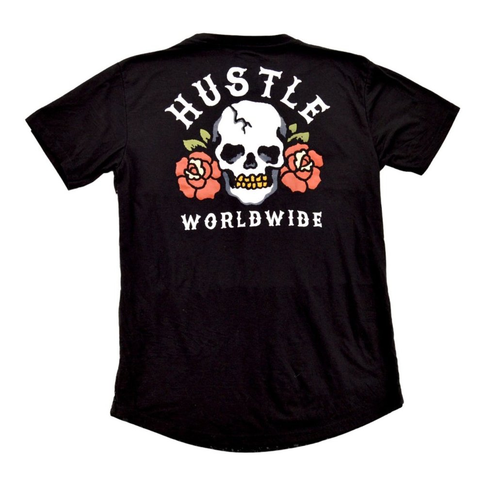 Men’s Vibes Black Skull Hustle Worldwide T-Shirt M Crew Roses Cotton Streetwear
